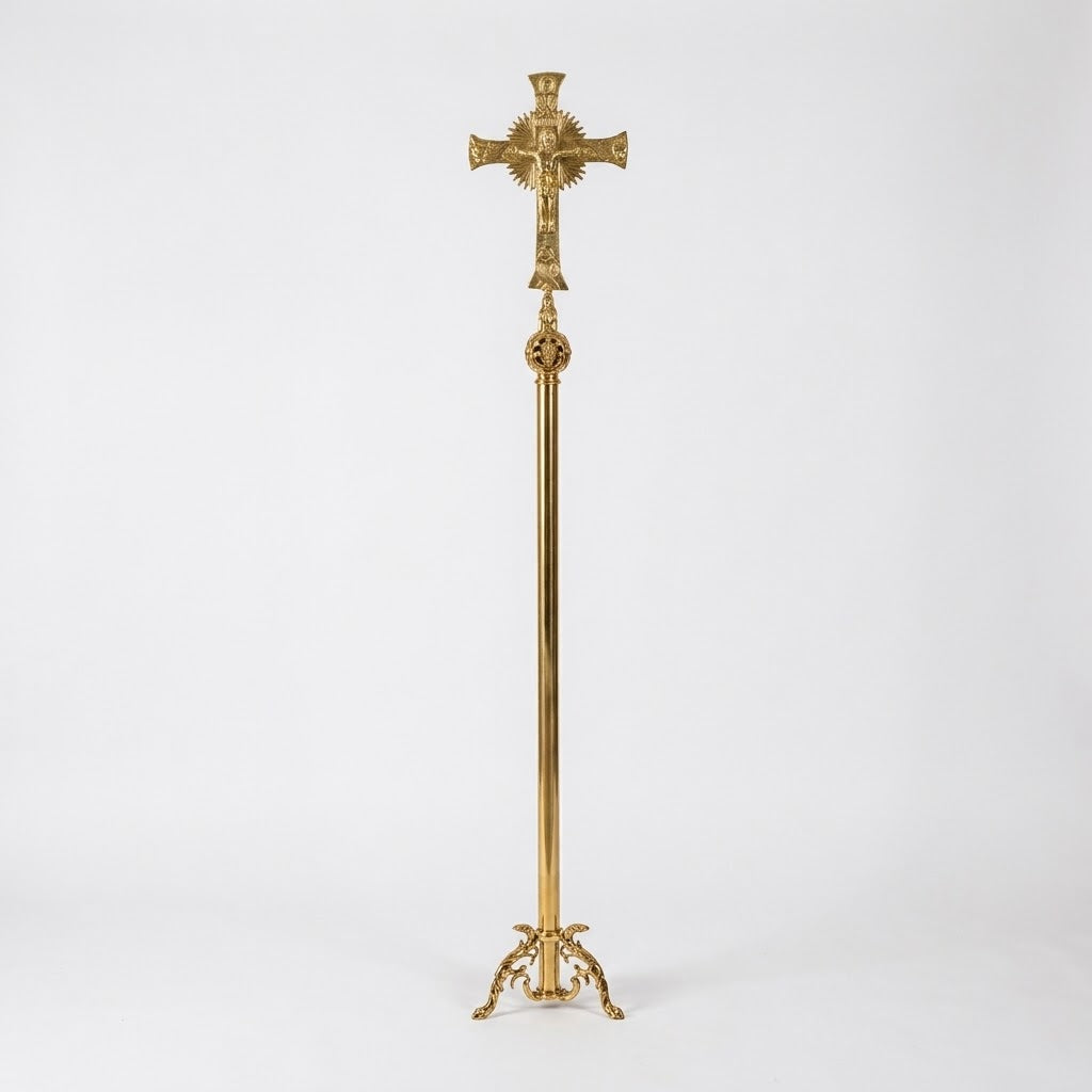 Croce astile mondo ottone dorato